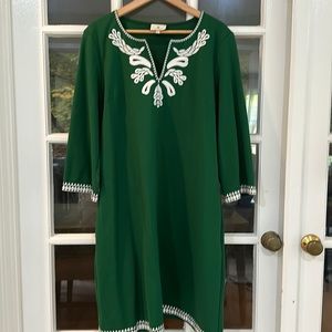 Tuckernuck dress, thick lush fabric in deep emerald green wit